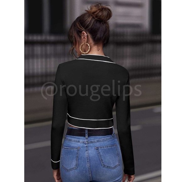 Black Cropped Cardigan Contrast White Binding Button Front - Picture 4 of 7